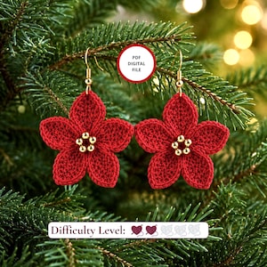 Gehäkelte Weihnachtsstern-Ohrringe, Neujahrs-Anleitung mit roten Blumen: Digitale DIY-Schmuckanleitung (PDF-Muster)
