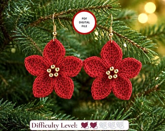 Crochet Christmas Poinsettia Earrings, New Year Red Flowers Tutorial: Diy Digital Jewelry Guide PDF Pattern