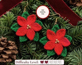 Crochet Christmas Poinsettia Earrings PDF Pattern, New Year Red Flowers Tutorial: Diy Digital Jewelry Guide