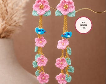 Micro Crochet Cherry Blossom Earrings Pattern | Floral Dangle Jewelry (PDF Download)