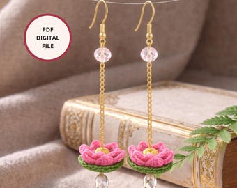 Crochet Lotus Earrings PDF Pattern, Boho Flower Dangle Jewelry Making Guide (Digital File)