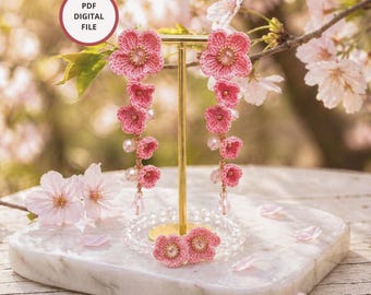 Patrón de pulsera y pendientes de ganchillo Sakura, tutorial en PDF de joyería floral de flor de cerezo (archivo digital)
