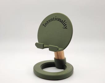 3D Printed Minimalist Modern Round Oak Wood Custom Engraved Phone or Small Tablet Stand