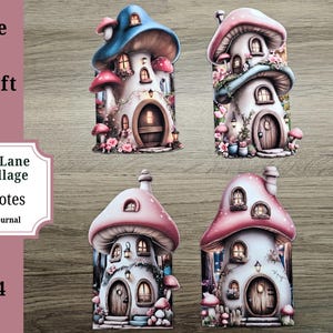 May include: Set of four whimsical mushroom cottage cards with blue and pink caps, each with a unique design. The cards feature the text "Mushroom Lane Cottage Village Hidden Notes For Your Junk Journal".