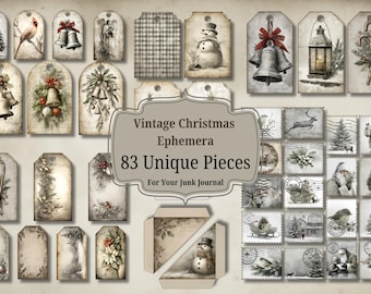 May include: A collection of 83 unique vintage Christmas ephemera pieces, including tags, stamps, and an envelope. The designs feature festive elements like bells, snowmen, and Christmas trees, all in a muted, antique color palette.