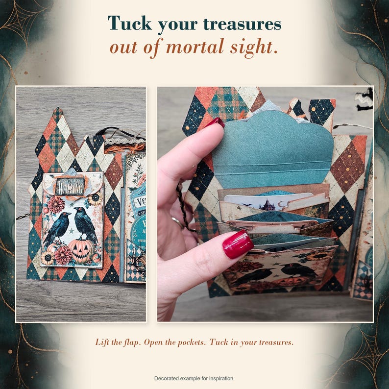 May include: A paper craft organizer featuring a diamond pattern in orange, black, and teal. The front displays two black crows and a jack-o'-lantern. It includes multiple interior pockets for storage and text that reads: "Tuck your treasures out of mortal sight." and "Lift the flap. Open the pockets. Tuck in your treasures."
