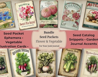 May include: A collection of vintage seed packets featuring various flowers and vegetables, including sweet peas, zinnias, cosmos, and beets. The image includes text such as "Sweet Pea Seeds!" and "Premium Quality Beet Seeds". The packets are designed for junk journals.