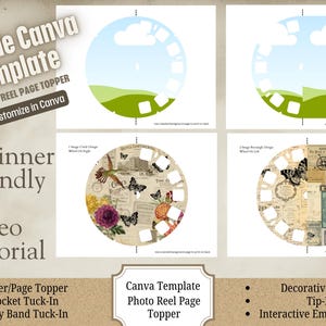 May include: A Canva template for a photo reel page topper. The design includes a circular frame with a sky and green landscape background, and decorative inserts with butterflies and floral elements. Text includes "Editable Canva Template" and "Beginner Friendly".