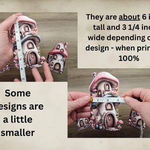 Hands measuring mushroom cottage hidden note inserts with a tape measure, showing the height and width of the printable cottage designs for junk journals.