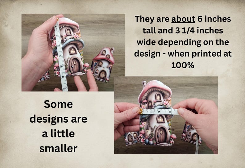 Hands measuring mushroom cottage hidden note inserts with a tape measure, showing the height and width of the printable cottage designs for junk journals.