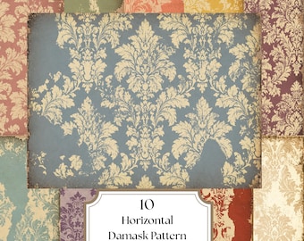 May include: A collection of ten horizontal junk journal pages featuring a distressed damask pattern in various colors including blue, red, green, yellow, and purple. A white rectangular label with the text 10 Horizontal Damask Pattern Junk Journal Pages is centered at the bottom.