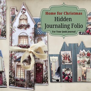 Puede incluir: Un folio de diario hecho a mano con temática navideña con páginas en forma de casa. El folio presenta ilustraciones detalladas de escenas festivas, incluyendo a Papá Noel, coronas y elementos decorativos. El texto en el folio dice "Home for Christmas Hidden Journaling Folio".