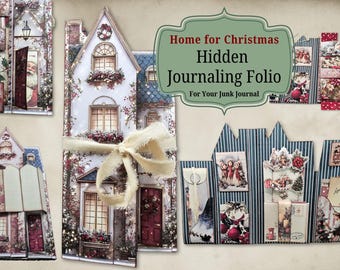 May include: A festive, handmade journaling folio with house-shaped pages. The folio features detailed illustrations of Christmas scenes, including Santa Claus, wreaths, and decorative elements. The text on the folio reads "Home for Christmas Hidden Journaling Folio".