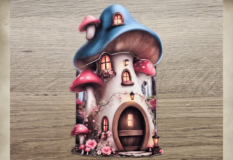 Blue mushroom cottage hidden note design printed and fully assembled, shown as a woodland journal insert on a wooden background.