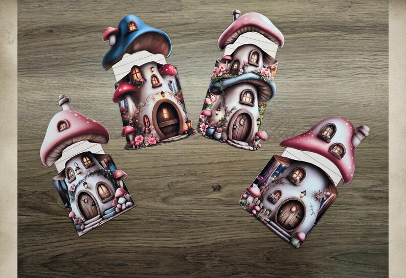 Four mushroom cottage hidden notes shown open with the tops lifted to reveal lined inserts, displayed on a wooden background for junk journal crafting.
