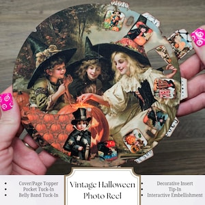 May include: A circular cardboard photo reel featuring vintage Halloween imagery of children in witch costumes and pumpkins. The design includes smaller inset rectangular images of seasonal motifs and the text Vintage Halloween Photo Reel.