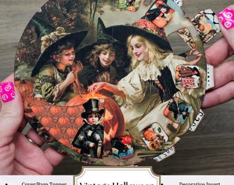 Könnte beinhalten: Eine kreisförmige Fotospule aus Pappe mit Vintage-Halloween-Motiven von Kindern in Hexenkostümen und Kürbissen. Das Design enthält kleinere, eingefügte rechteckige Bilder mit saisonalen Motiven und den Text Vintage Halloween Photo Reel.