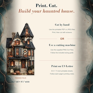 May include: A digital instruction graphic for a paper craft haunted house. Text reads: Print. Cut. Build your haunted house. Instructions for hand cutting, machine cutting, and printing on 8.5 x 11-inch paper. Finished folio is 9.25 x 4.875 inches.