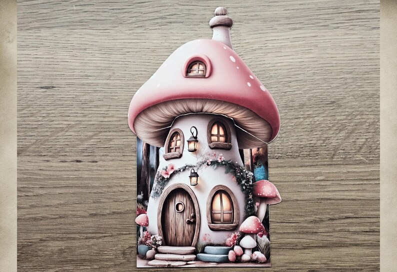 Pink mushroom cottage hidden note design printed and fully assembled, shown as a journal insert on a wooden background.