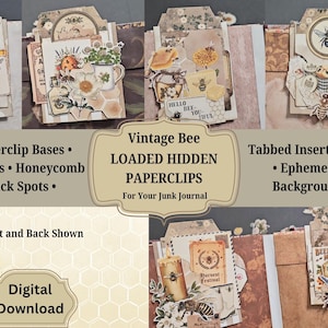 May include: A collection of vintage bee-themed paperclips with pockets, honeycomb, and tuck spots. The image shows loaded hidden paperclips with tabbed inserts, tags, ephemera, and backgrounds. The text reads "Vintage Bee Loaded Hidden Paperclips For Your Junk Journal".