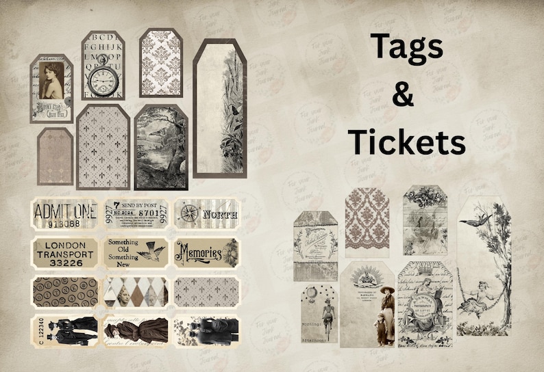 May include: A collection of vintage-style tags and tickets in sepia tones. The tags feature various designs, including floral patterns, landscapes, and portraits. The tickets display text like "ADMIT ONE" and "LONDON TRANSPORT". The words "Tags & Tickets" are also visible.