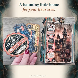 May include: A decorative paper craft kit featuring a gothic castle scene, vintage-style ticket ephemera, and a scalloped label reading Old-Fashioned Sweets Molasses Taffy. The set includes various printed paper elements with dark, moody illustrations.