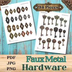 May include: A digital collection of 94 faux metal hardware pieces, including various ornate keyhole escutcheons and decorative keys in bronze, copper, and iron tones. The set is presented on two white sheets, available in PDF, JPG, and PNG file formats.