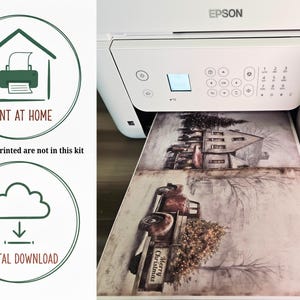 Print-at-home and digital download icons next to a printer printing a sample page, showing that the mushroom cottage hidden notes are a home-printable digital kit.