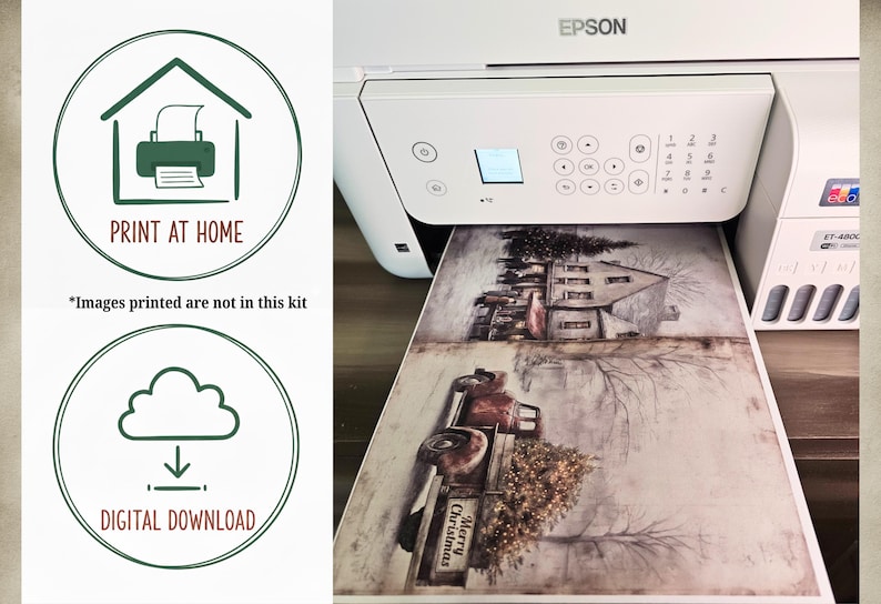 Print-at-home and digital download icons next to a printer printing a sample page, showing that the mushroom cottage hidden notes are a home-printable digital kit.