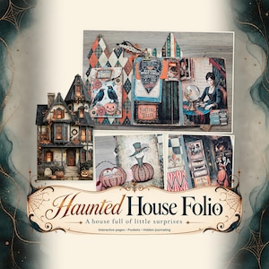 May include: A Haunted House Folio featuring a multi-page scrapbook with interactive elements, pockets, and hidden journaling. The design includes illustrations of a Victorian mansion, a fortune teller, pumpkins, and text reading Haunted House Folio.