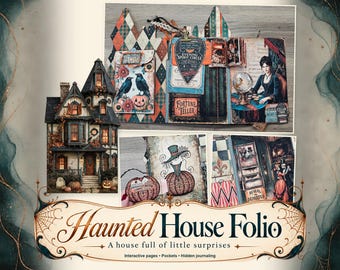 Könnte beinhalten: Ein Haunted House Folio Sammelalbum mit einer mehrseitigen Gestaltung, interaktiven Taschen, versteckten Notizen und Vintage-Illustrationen einer Wahrsagerin, Kürbissen und einem viktorianischen Herrenhaus mit dem Text Haunted House Folio.