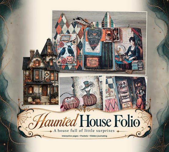Halloween Junk Journal Folio Kit — Printable Haunted House with 53 Ephemera Pieces