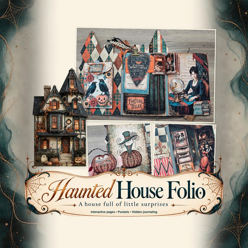 May include: A Haunted House Folio featuring a multi-page scrapbook with interactive elements, pockets, and hidden journaling. The design includes illustrations of a Victorian mansion, a fortune teller, pumpkins, and text reading Haunted House Folio.