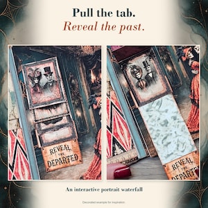 May include: An interactive paper craft waterfall card featuring a Victorian-style portrait of a couple in formal attire. The card includes the text Pull the tab. Reveal the past. and Reveal the departed. A ruler shows a measurement of 16 inches.