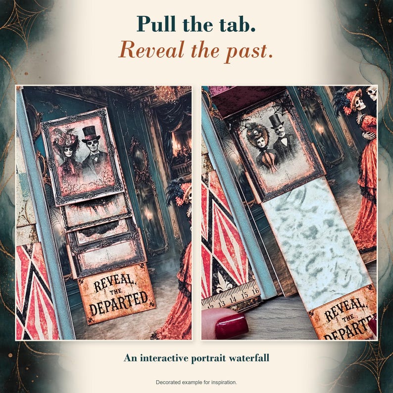 May include: An interactive paper craft waterfall card featuring a Victorian-style portrait of a couple in formal attire. The card includes the text Pull the tab. Reveal the past. and Reveal the departed. A ruler shows a measurement of 16 inches.