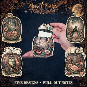 May include: Five decorative pumpkin-shaped paper holders with pull-out notes, featuring intricate illustrations of moons, stars, flowers, a black cat, an owl, and moths. The text Moonlit Pumpkin Hidden Notes and Five Designs Pull-Out Notes is visible.