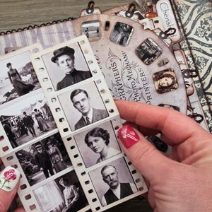 May include: A vintage-style scrapbook with black and white photographs and decorative paper. The scrapbook features a film strip with portraits and a circular design with the text "Photographers Photo Mechanics Printers".