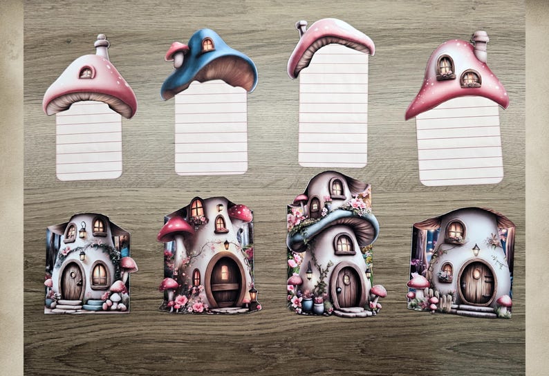 Mushroom cottage hidden notes shown with their pull-out lined inserts above the matching house designs, displayed on a wood background for junk journal crafting.