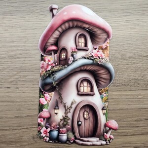 Tall floral mushroom cottage hidden note design printed and fully assembled, shown as a whimsical journaling insert on a wooden background.