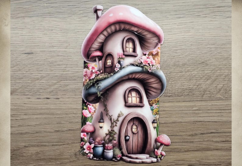 Tall floral mushroom cottage hidden note design printed and fully assembled, shown as a whimsical journaling insert on a wooden background.