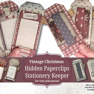 Könnte beinhalten: Eine Sammlung von Vintage-Weihnachts-Papierclips und Schreibwaren-Haltern. Die Designs zeigen Karomuster, Sterne und Weihnachtsmotive. Der Text "Vintage Christmas Hidden Paperclips Stationery Keeper For Your Junk Journal" ist enthalten.