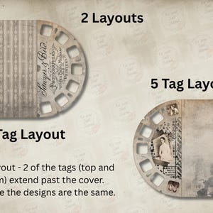 May include: Vintage-style paper craft layouts with film reel designs. The image shows a 2-layout, 5-tag layout, and 7-tag layout. The text includes "Sawyer & Bird PHOTOGRAPHERS" and "OTYPES PHOTO MECHAN PRINTERS".