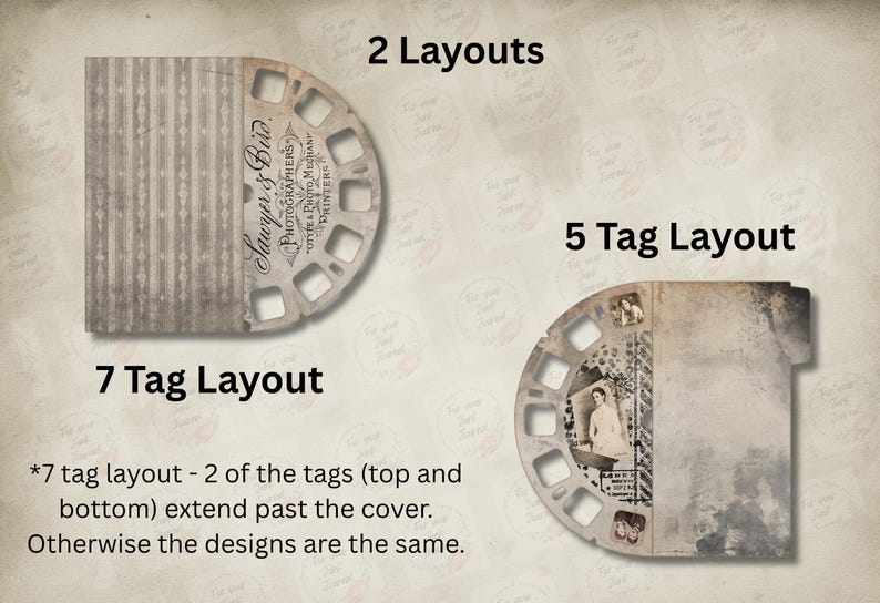 May include: Vintage-style paper craft layouts with film reel designs. The image shows a 2-layout, 5-tag layout, and 7-tag layout. The text includes "Sawyer & Bird PHOTOGRAPHERS" and "OTYPES PHOTO MECHAN PRINTERS".