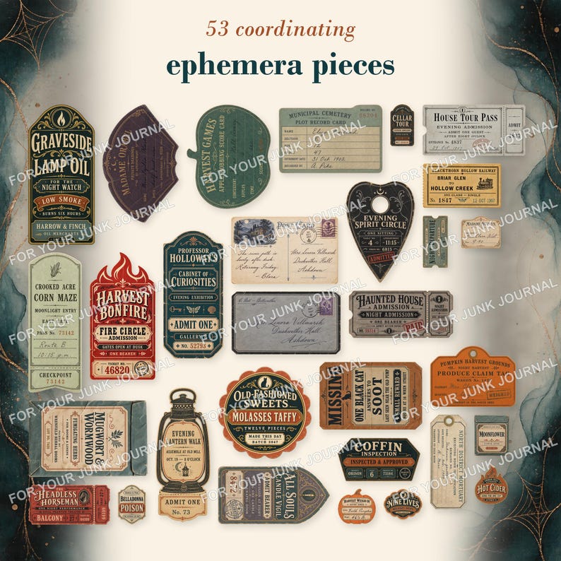 May include: A collection of 53 coordinating ephemera pieces featuring vintage-style designs, including tickets, labels, and tags with text like Graveside Lamp Oil, Harvest Bonfire, and Haunted House Admission, printed in various colors and shapes.