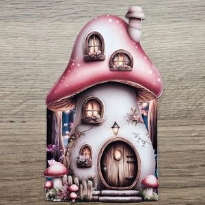 Single pink mushroom cottage hidden note design printed and cut, shown as a woodland house journaling insert for junk journals.