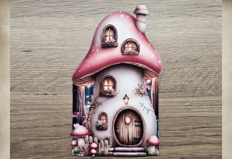 Single pink mushroom cottage hidden note design printed and cut, shown as a woodland house journaling insert for junk journals.