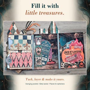 May include: A multi-panel scrapbook album featuring pockets, belly bands, and decorative paper inserts. The pages display vintage-style graphics, including text like Professor Holloway's Cabinet of Curiosities, Jack-O-Lantern Carving Co, and The Headless Horseman.