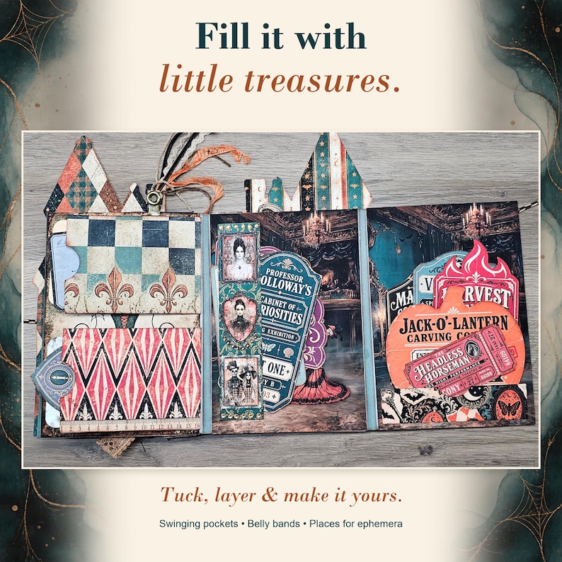 May include: A multi-panel scrapbook album featuring pockets, belly bands, and decorative paper inserts. The pages display vintage-style graphics, including text like Professor Holloway's Cabinet of Curiosities, Jack-O-Lantern Carving Co, and The Headless Horseman.