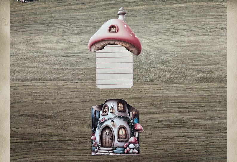 Pink mushroom cottage hidden note shown with the lined insert removed and displayed above the cottage house design on a wooden background.