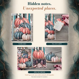 May include: A decorative paper craft project featuring illustrations of pumpkins in shades of orange, blue, and cream. The design includes interactive elements with hidden pull-out note cards and flaps labeled Tucked Away, Pull Out A Note, and Open The Pumpkins.